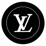 Logotipo da Louis Vuitton em fundo preto, apresentando as iniciais "LV" em estilo clássico e elegante, representando luxo e sofisticação na moda.
