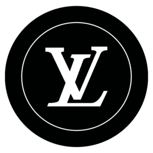 Logotipo da Louis Vuitton em fundo preto, apresentando as iniciais "LV" em estilo clássico e elegante, representando luxo e sofisticação na moda.