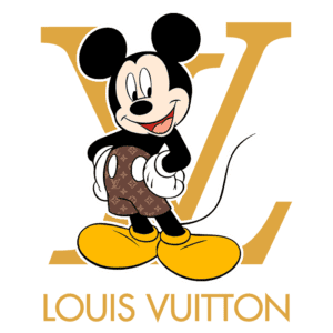 Mascote icônico Mickey Mouse da Disney com calças estampadas da marca Louis Vuitton, posicionado sobre um fundo que destaca o logo LV em dourado. Ideal para moda e colecionadores de itens de luxo.