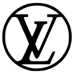 Logotipo icônico da Louis Vuitton, composto pelas letras V e L sobre um círculo, simbolizando elegância e luxo.