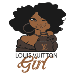 Ilustração de uma mulher com cabelo afro, winking, vestindo uma blusa com o logotipo da Louis Vuitton, acompanhada do texto "Louis Vuitton Girl" em letras estilizadas.