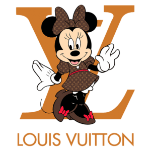 Imagem de Minnie Mouse vestida com um vestido estampado da Louis Vuitton, sorrindo e acenando, com o logotipo da marca em segundo plano.