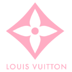 Logotipo da Louis Vuitton, apresentando um design em forma de diamante com uma flor estilizada no centro, em tom rosa.