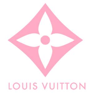 Logotipo da Louis Vuitton, apresentando um design em forma de diamante com uma flor estilizada no centro, em tom rosa.