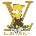 Bart Simpson sentado em um skate, vestindo um traje com padrão da Louis Vuitton, com um fundo que destaca o logotipo da marca.