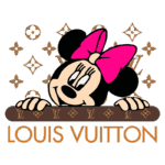 Imagem estilizada de Minnie Mouse com laço rosa, apresentando o logotipo da Louis Vuitton ao fundo, destacando a fusão entre moda e cultura pop. Ideal para fãs de moda e produtos de luxo.