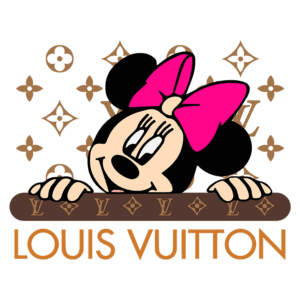 Imagem estilizada de Minnie Mouse com laço rosa, apresentando o logotipo da Louis Vuitton ao fundo, destacando a fusão entre moda e cultura pop. Ideal para fãs de moda e produtos de luxo.