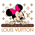 Imagem da personagem Minnie Mouse com um laço rosa, em um fundo com o logotipo da Louis Vuitton. Ideal para colecionadores de moda e fãs de itens de luxo.
