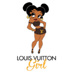 Imagem de uma garota estilizada vestindo uma roupa com logotipo da Louis Vuitton, incorporando um visual moderno e ousado. Ela tem cabelos negros em formato de coques e acessórios dourados, representando a estética urbana e a cultura da moda.