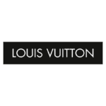 Logotipo da marca de luxo Louis Vuitton em fundo preto, representando elegância e sofisticação no setor de moda e acessórios.