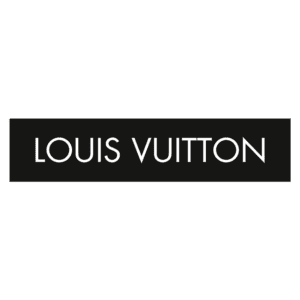 Logotipo da marca de luxo Louis Vuitton em fundo preto, representando elegância e sofisticação no setor de moda e acessórios.