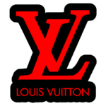 Logo da Louis Vuitton com as letras "LV" em vermelho, destacando a estética elegante e icônica da marca de moda de luxo.