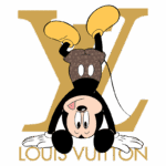 Mickey Mouse de cabeça para baixo, vestindo calças com estampa de logo, em frente ao emblema da Louis Vuitton. Design colorido e divertido que combina moda e cultura pop.