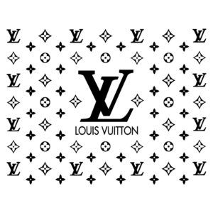 Logotipo da Louis Vuitton em fundo padrão com ícones característicos da marca, simbolizando luxo e moda.