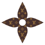 Logotipo da Louis Vuitton em formato de flor, apresentando uma combinação de fundo marrom e detalhes em dourado, incluindo o icônico padrão de monograma.