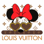 Ilustração da personagem Minnie Mouse com óculos em forma de coração, destacando a marca Louis Vuitton com fundo decorado por ícones da marca.