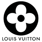 Logotipo da Louis Vuitton, apresentando um design icônico com uma flor estilizada em preto, simbolizando luxo e sofisticação na moda.
