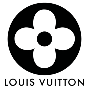 Logotipo da Louis Vuitton, apresentando um design icônico com uma flor estilizada em preto, simbolizando luxo e sofisticação na moda.