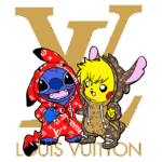 Personagens Stitch e Pikachu vestindo roupas de grife Louis Vuitton, com logotipo em fundo dourado. Ilustração divertida e moderna que mistura cultura pop e alta moda.