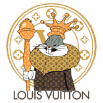 Ilustração de personagem com traços de cartoon vestido com roupagem elegantemente decorada com o padrão da marca Louis Vuitton, segurando um cetro e usando uma coroa, ao fundo o icônico logo da marca.