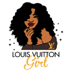 Ilustração de uma jovem com cabelo cacheado e volumoso, sorrindo e usando uma blusa com o logotipo da Louis Vuitton. O design inclui estrelas ao redor, com a frase "Louis Vuitton Girl" em destaque.