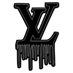 Logotipo estilizado da Louis Vuitton com as letras "LV" em preto e efeitos de gotejamento na parte inferior, representando um design moderno e urbano.