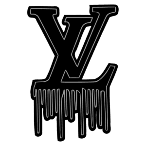 Logotipo estilizado da Louis Vuitton com as letras "LV" em preto e efeitos de gotejamento na parte inferior, representando um design moderno e urbano.