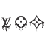 Logos da Louis Vuitton estilizados com efeito de gotejamento, incluindo a letra "V" e o ícone da flor.