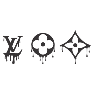 Logos da Louis Vuitton estilizados com efeito de gotejamento, incluindo a letra "V" e o ícone da flor.