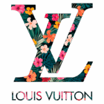 Logotipo da Louis Vuitton com fundo floral colorido, destacando as letras "LV" de forma estilizada. Ideal para representar a marca de luxo e moda.