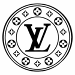 Logotipo da marca de luxo Louis Vuitton, apresentando as iniciais "LV" em destaque, cercadas por um padrão de flores e símbolos característicos da marca. Ideal para representar produtos de moda e acessórios de alta qualidade.