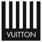 Logo da Louis Vuitton com fundo preto e listras verticais, destacando a marca de luxo e sua identidade visual reconhecível.