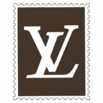 Logotipo da marca Louis Vuitton em fundo marrom, composto pelas letras entrelaçadas "L" e "V", com um contorno em estilo de selo.