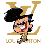 Personagem animado com cabelo preto e óculos escuros, vestido com um traje estampado da Louis Vuitton, posando de forma descontraída ao lado do logotipo da marca.