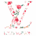 Logotipo da Louis Vuitton com padrão floral colorido em tons de rosa e verde, refletindo o espírito da moda e elegância da marca.