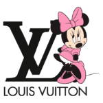 Imagem da personagem Minnie Mouse vestindo roupa rosa e laço, ao lado do logo da Louis Vuitton, exibindo uma combinação de moda e cultura pop.