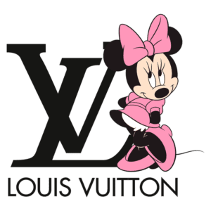 Imagem da personagem Minnie Mouse vestindo roupa rosa e laço, ao lado do logo da Louis Vuitton, exibindo uma combinação de moda e cultura pop.