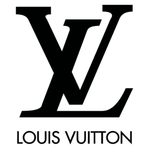 Logotipo da marca de luxo Louis Vuitton, com as letras "LV" interligadas, representando elegância e sofisticação no mundo da moda.