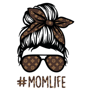 Ilustração de uma mãe estilosa com cabelo preso em um coque, usando óculos de sol com padrão de marca famosa e uma faixa estampada. Texto "#MOMLIFE" abaixo, destacando o estilo de vida das mães modernas.