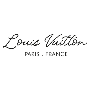 Logotipo da marca de luxo Louis Vuitton, destacando o nome em uma fonte estilizada com as palavras "Paris . France" abaixo, representando sua origem francesa e prestígio no mundo da moda.