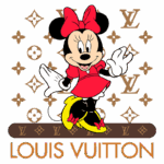 Imagem da Minnie Mouse vestindo um vestido vermelho e laço, posando alegremente em frente ao fundo com o logotipo da Louis Vuitton, que exibe padrões icônicos da marca.