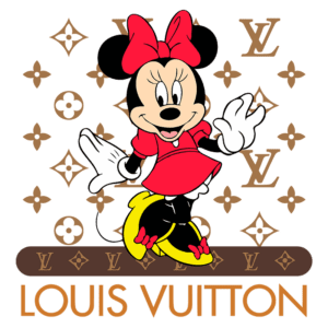 Imagem da Minnie Mouse vestindo um vestido vermelho e laço, posando alegremente em frente ao fundo com o logotipo da Louis Vuitton, que exibe padrões icônicos da marca.