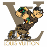 Personagem estilizado com roupas da Louis Vuitton, segurando uma lata de tinta com as mãos tatuadas, contra um fundo com o logotipo LV. Design moderno e urbano.