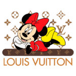 Imagem da personagem Minnie Mouse vestindo um laço vermelho e um vestido vermelho, com sapatos amarelos, deitada sobre uma faixa marrom com o logotipo da Louis Vuitton ao fundo, acompanhada de elementos de design de flores e o monograma LV.