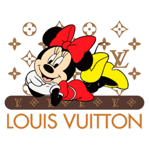 Imagem da personagem Minnie Mouse vestindo um laço vermelho e um vestido vermelho, com sapatos amarelos, deitada sobre uma faixa marrom com o logotipo da Louis Vuitton ao fundo, acompanhada de elementos de design de flores e o monograma LV.