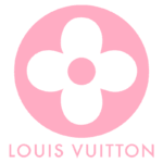 Logotipo da Louis Vuitton em fundo rosa, apresentando um design icônico com uma flor de quatro pétalas e a assinatura da marca.