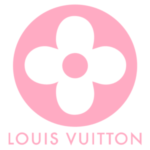Logotipo da Louis Vuitton em fundo rosa, apresentando um design icônico com uma flor de quatro pétalas e a assinatura da marca.