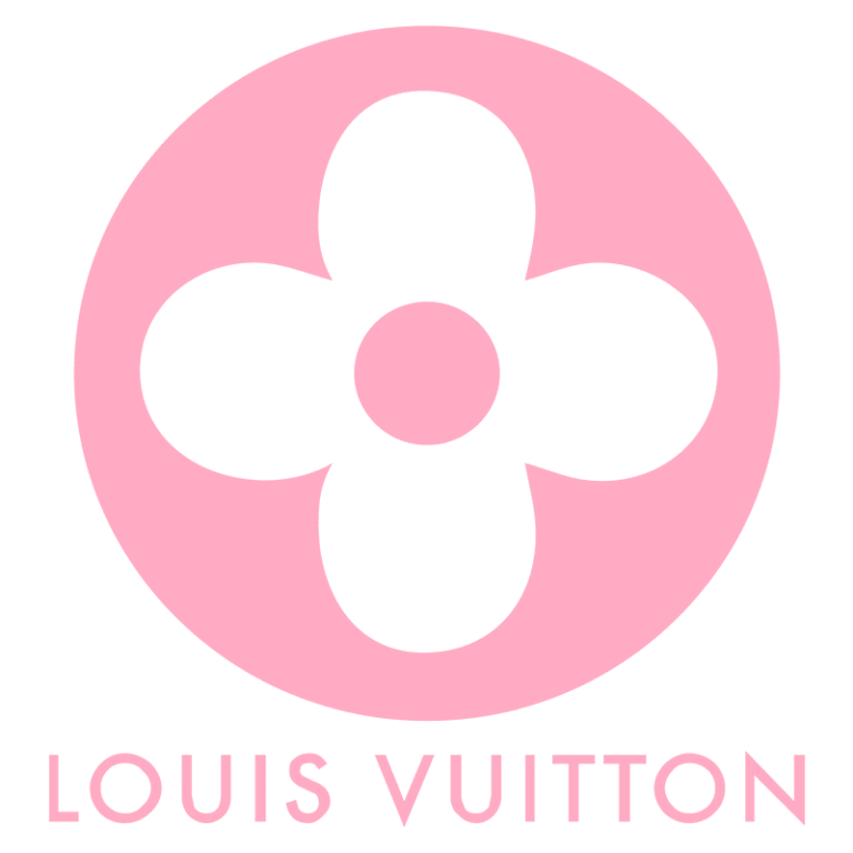 Logotipo da Louis Vuitton em fundo rosa, apresentando um design icônico com uma flor de quatro pétalas e a assinatura da marca.