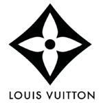 Logotipo da marca de luxo Louis Vuitton, apresentando um ícone de flor estilizada e o nome "Louis Vuitton" abaixo.