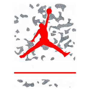 Logo da Jordan em fundo camuflado, destacando a silhueta do jogador em vermelho e o texto "JORDAN - THE AIR FLIGHT OFFICIAL COLLECTION". Ideal para fãs de moda e cultura urbana.